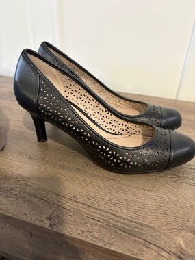 Life Stride Black Laser-Cut Mid Heel Pumps